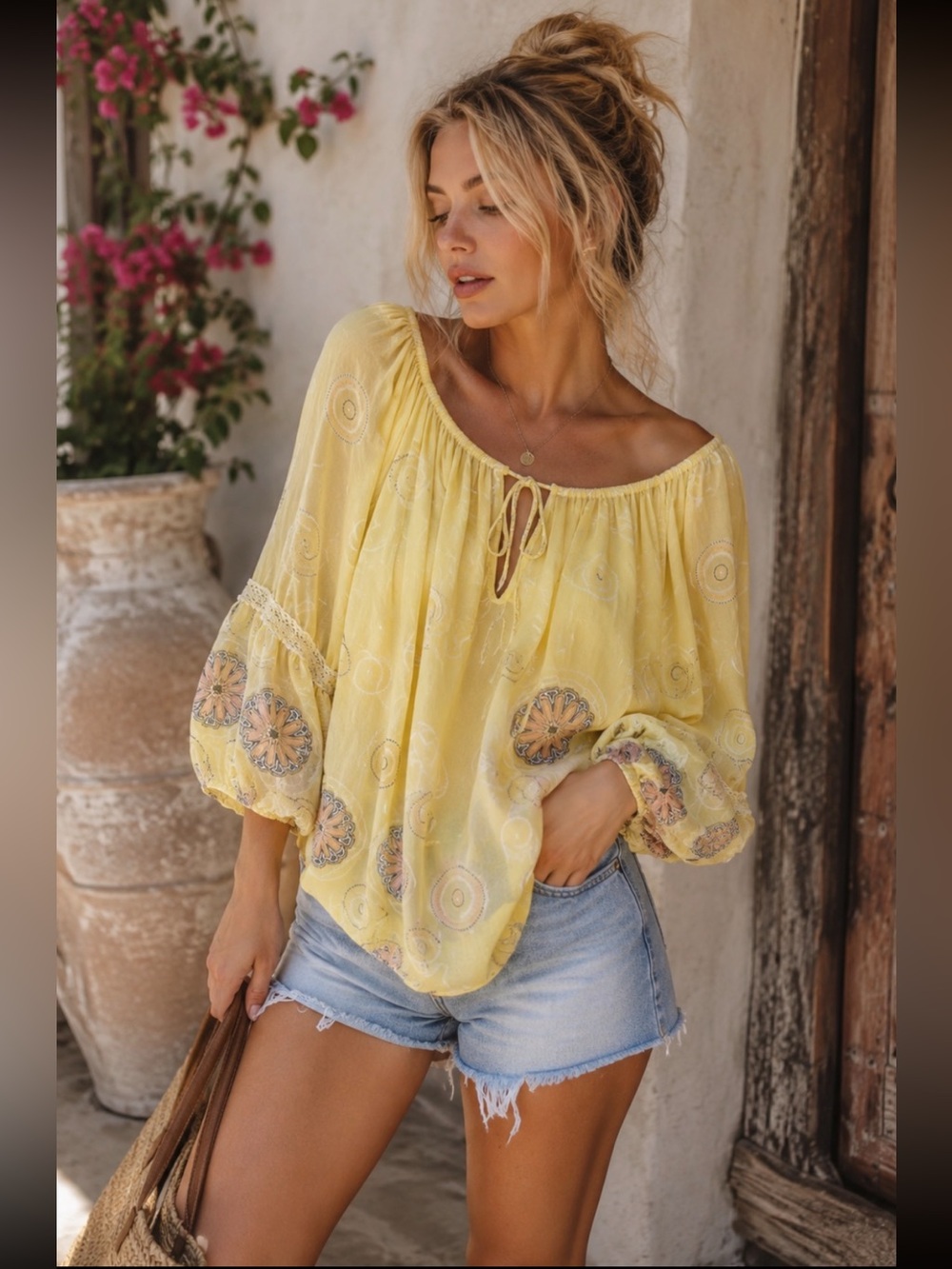 Made in Italy Silk Blend Boho Peasant Blouse | Yellow Embroidered Tunic, Size M